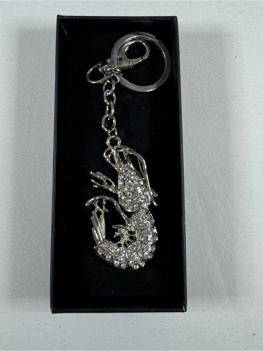 Roux Brands Rhinestone Crawfish Keychain Silver Tone Shrimp Bag Charm with Box